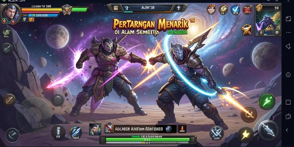 Screenshot menampilkan aksi seru di ALIEN138 dengan karakter bertarung di luar angkasa.