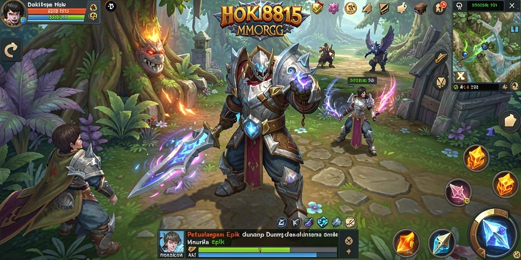 Screenshot gameplay HOKI8815 yang menampilkan pertarungan epik dalam dunia MMORPG.