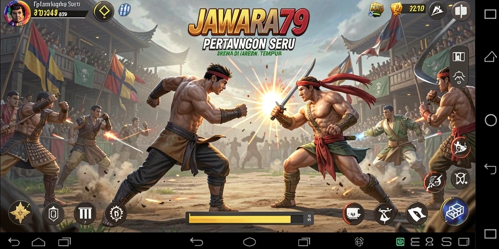 Screenshot utama JAWARA79 menampilkan aksi bertarung yang intens dan karakter unik.