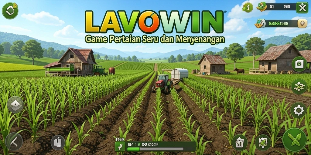 Screenshot gameplay LAVOWIN yang menunjukkan aktivitas bertani dan merawat hewan.