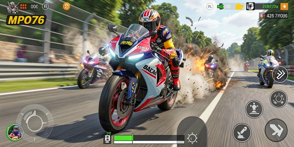 Tampilan gameplay MPO76 yang mendebarkan dan penuh aksi balapan motor.