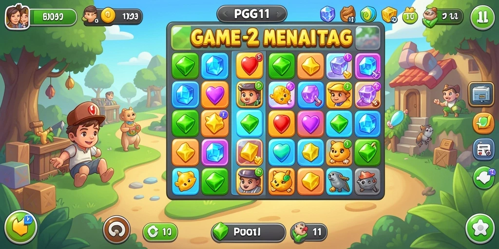 Screenshot utama PG11 menampilkan gameplay seru Match-3 dengan beragam kombinasi warna.