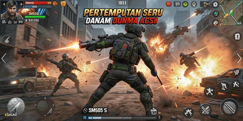 Screenshot menunjukkan aksi intens dalam permainan SM605.