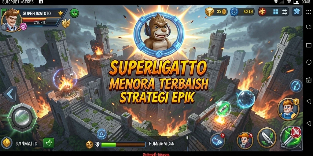 Screenshot gameplay SUPERLIGATOTO menampilkan aksi pertahanan menara yang mendebarkan.